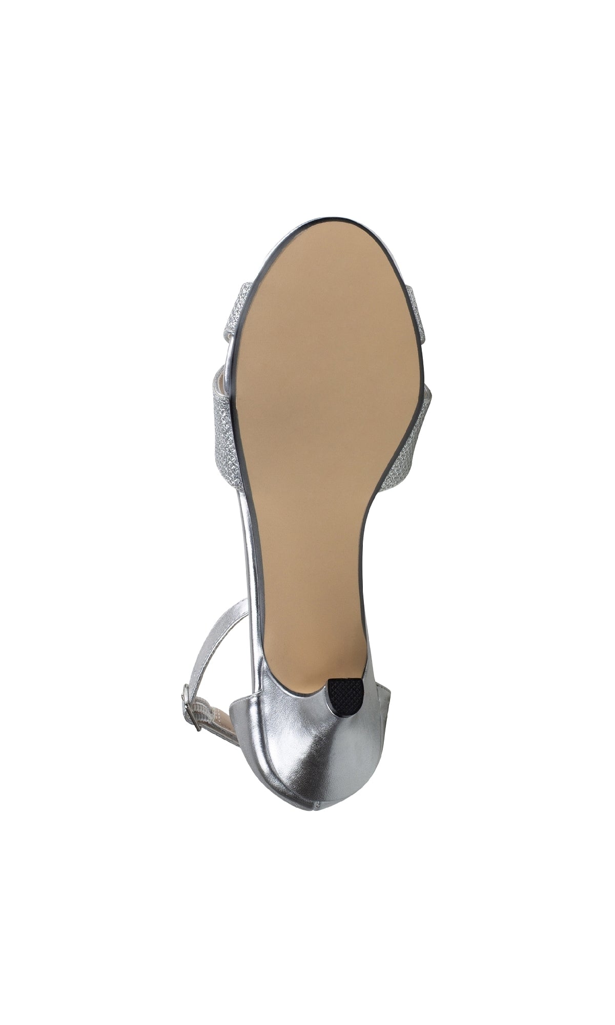 The Clementine Silver Glitter Prom Shoes by Touch Ups (4613) are displayed from the bottom, highlighting a beige sole and a black grip pad at the toe, with elegant kitten heels.